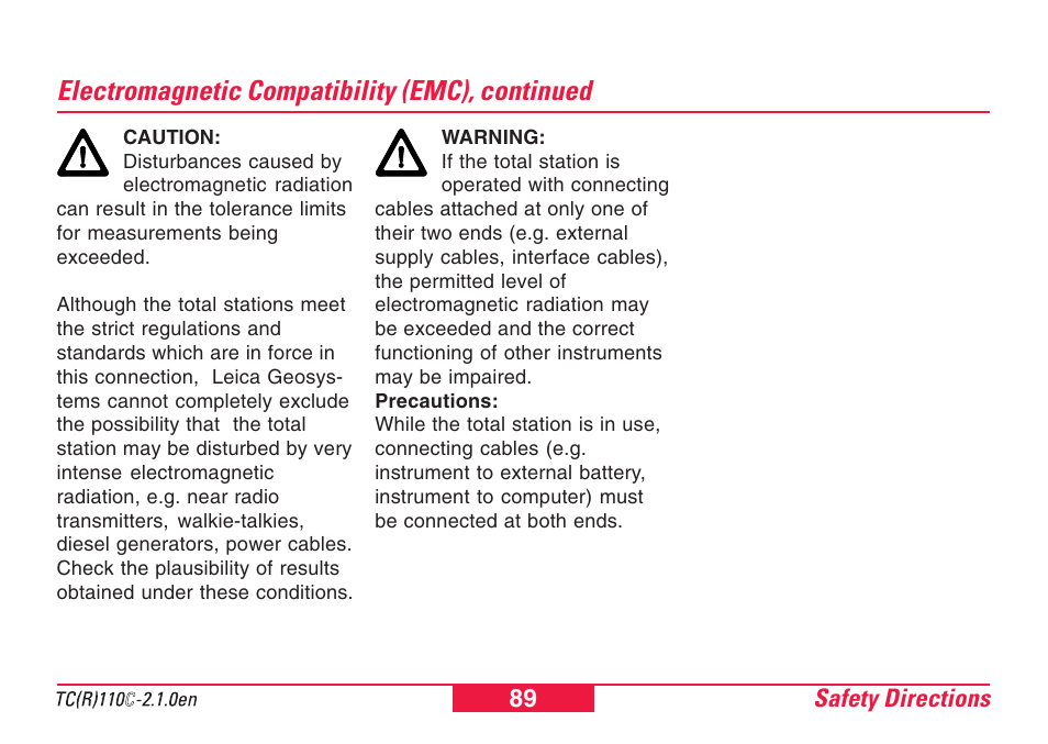 Electromagnetic compatibility (emc), continued | Leica Geosystems TPS110C User Manual | Page 89 / 104