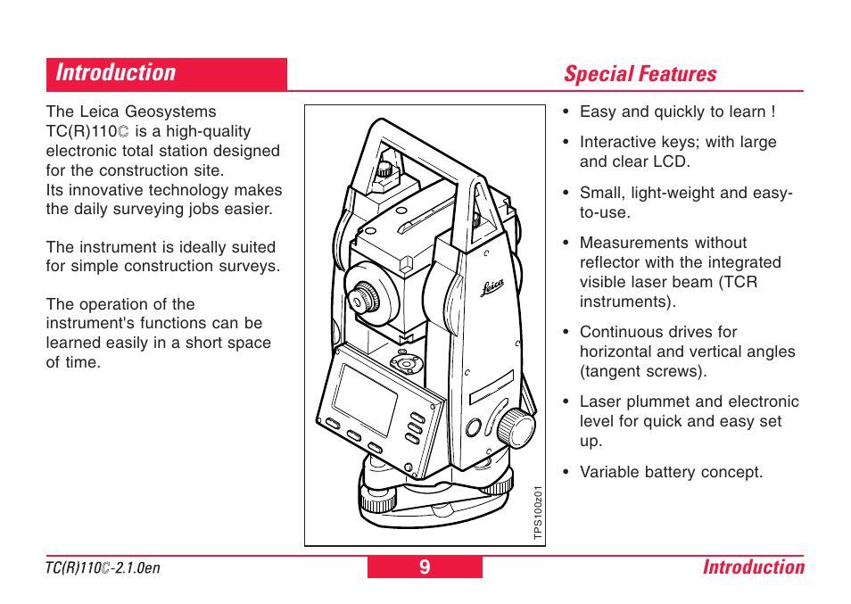Introduction, Special features | Leica Geosystems TPS110C User Manual | Page 9 / 104