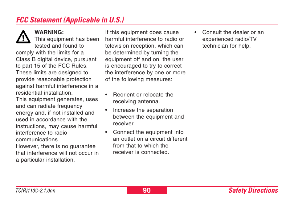 Fcc statement (applicable in u.s.) | Leica Geosystems TPS110C User Manual | Page 90 / 104