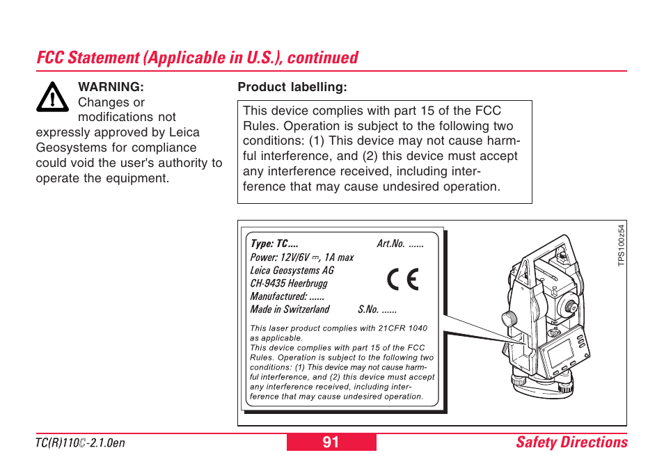 Fcc statement (applicable in u.s.), continued | Leica Geosystems TPS110C User Manual | Page 91 / 104