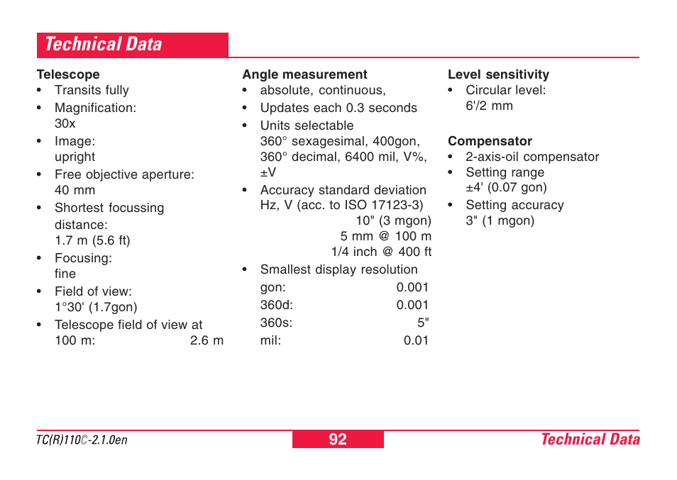 Technical data, Technical data 92 | Leica Geosystems TPS110C User Manual | Page 92 / 104