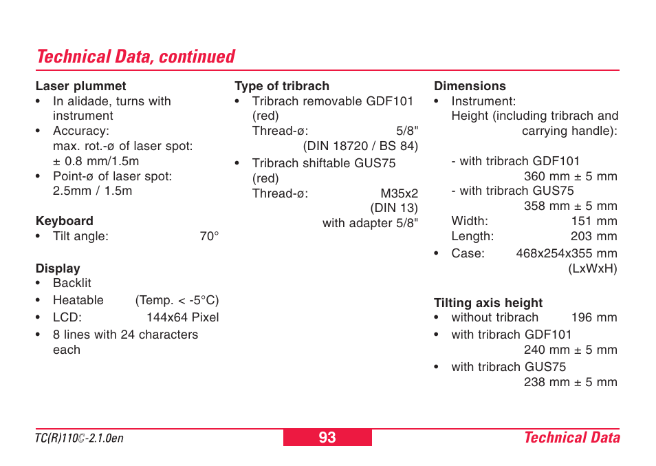 Technical data, continued, Technical data 93 | Leica Geosystems TPS110C User Manual | Page 93 / 104