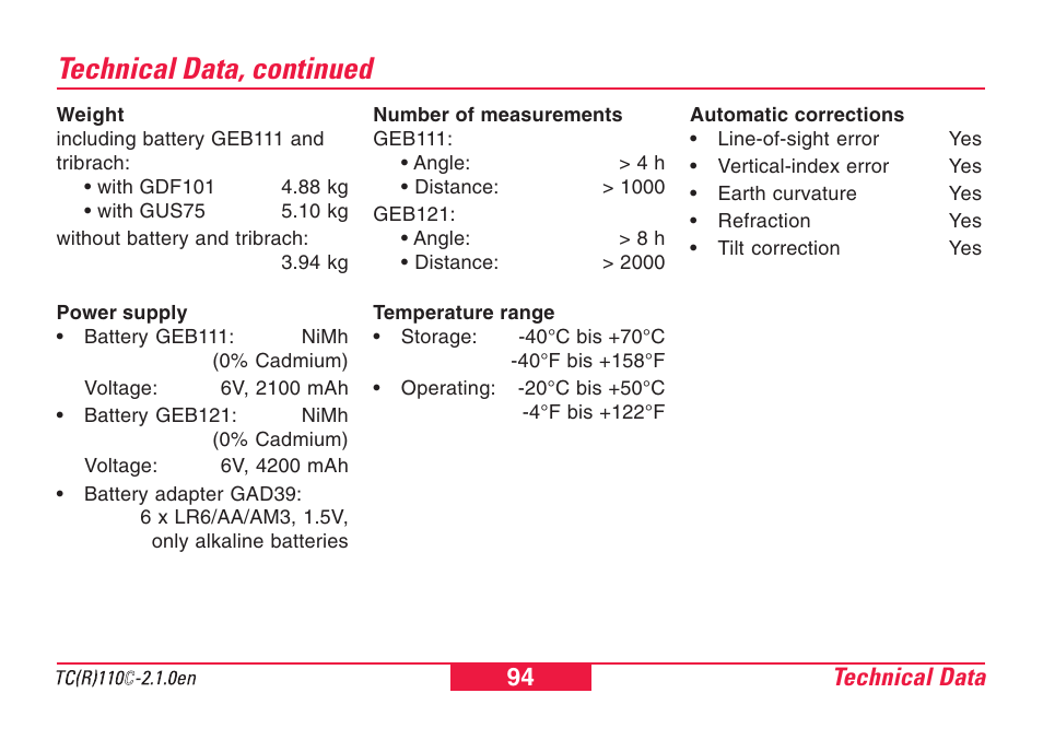 Technical data, continued, Technical data 94 | Leica Geosystems TPS110C User Manual | Page 94 / 104