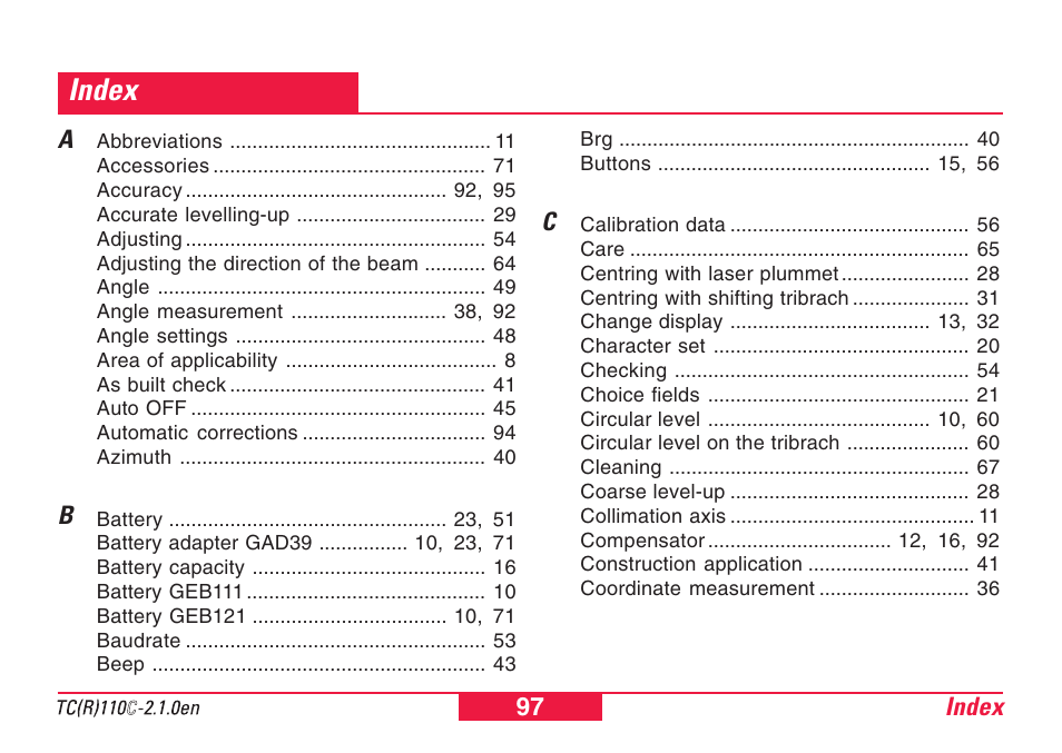 Index | Leica Geosystems TPS110C User Manual | Page 97 / 104