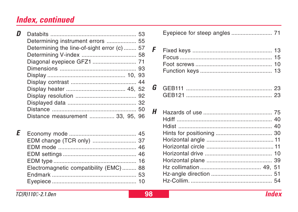 Index, continued | Leica Geosystems TPS110C User Manual | Page 98 / 104