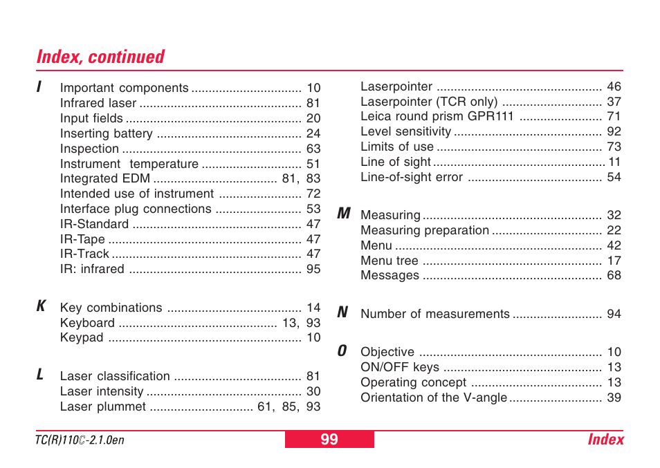 Index, continued | Leica Geosystems TPS110C User Manual | Page 99 / 104