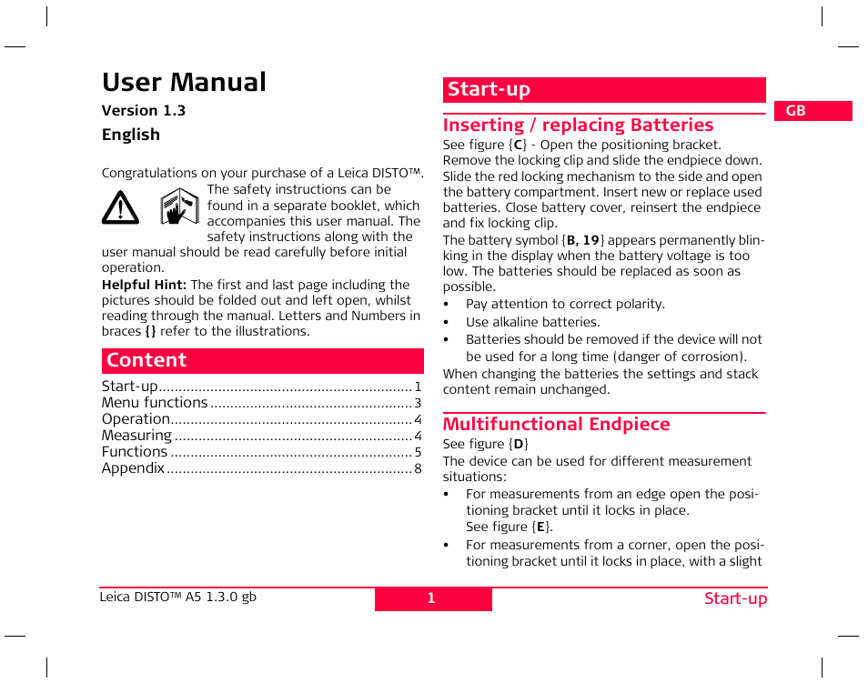 User manual, Content, Start-up | Leica Geosystems Leica DISTO A5 User Manual | Page 4 / 14