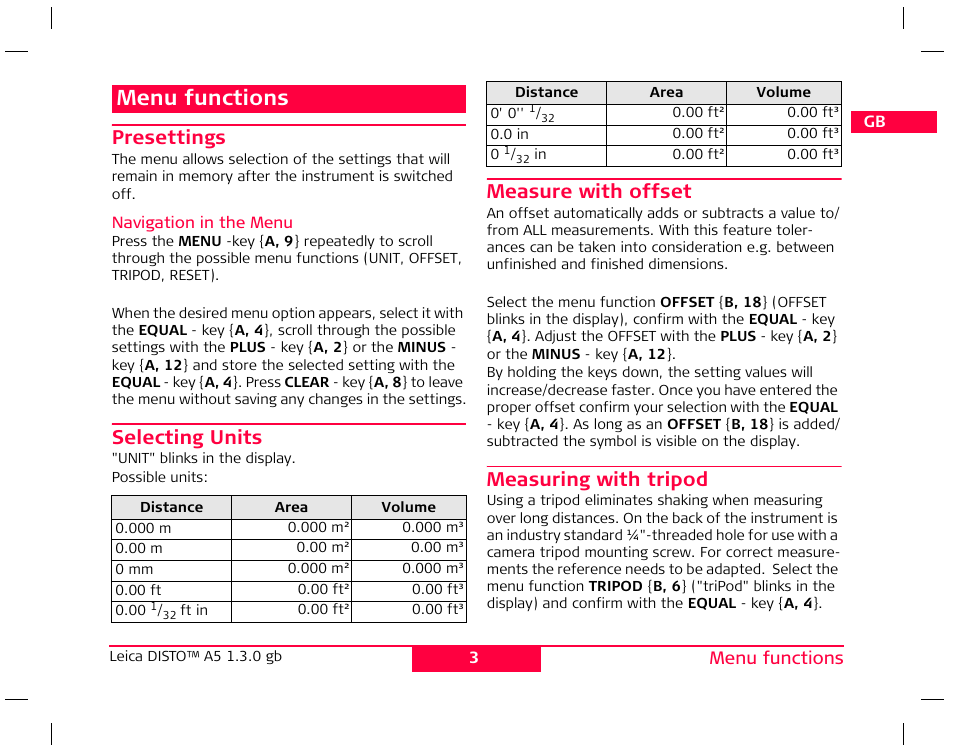 Menu functions, Presettings, Selecting units | Measure with offset, Measuring with tripod | Leica Geosystems Leica DISTO A5 User Manual | Page 6 / 14