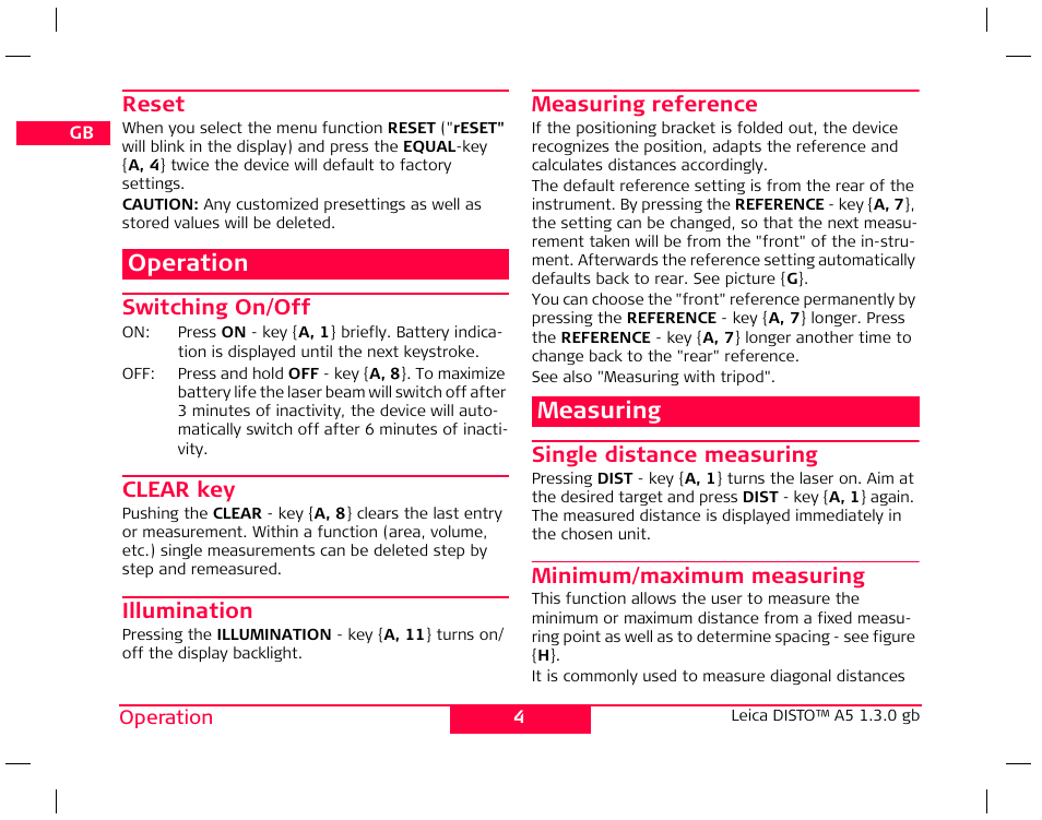 Operation, Measuring | Leica Geosystems Leica DISTO A5 User Manual | Page 7 / 14