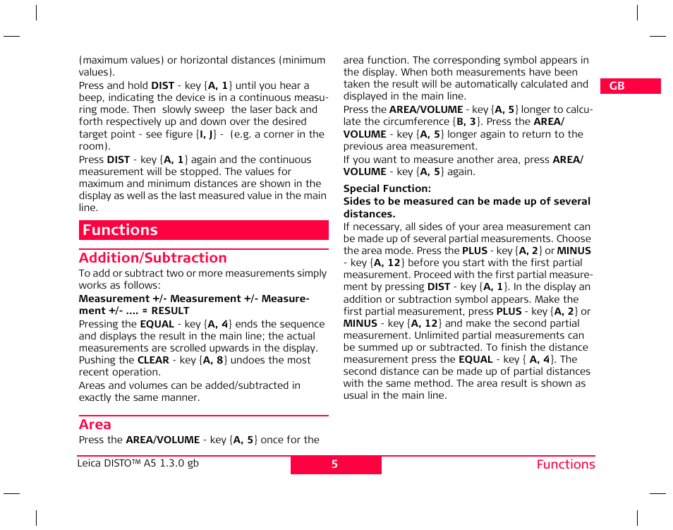 Functions | Leica Geosystems Leica DISTO A5 User Manual | Page 8 / 14
