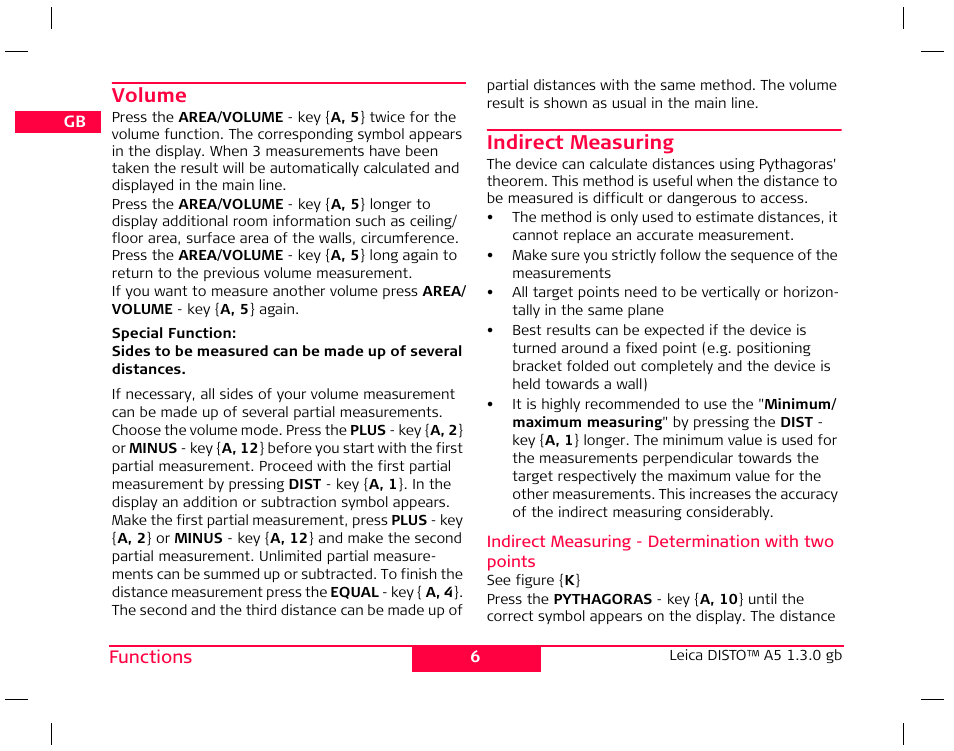 Volume, Indirect measuring | Leica Geosystems Leica DISTO A5 User Manual | Page 9 / 14