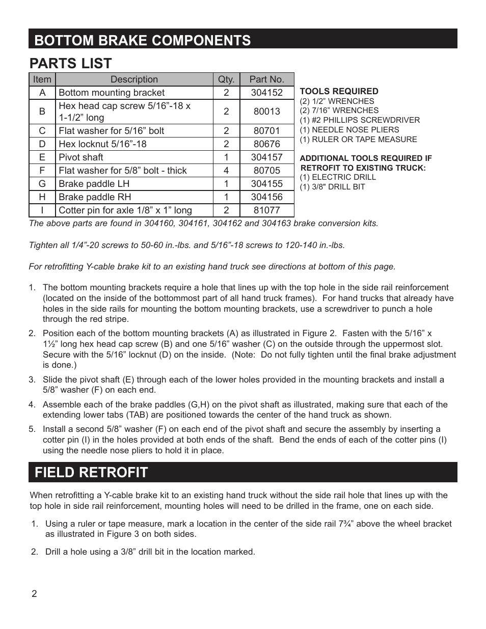 Parts list, Field retrofit, Bottom brake components | Magliner BRAKE TRUCK Y-Cable User Manual | Page 2 / 8