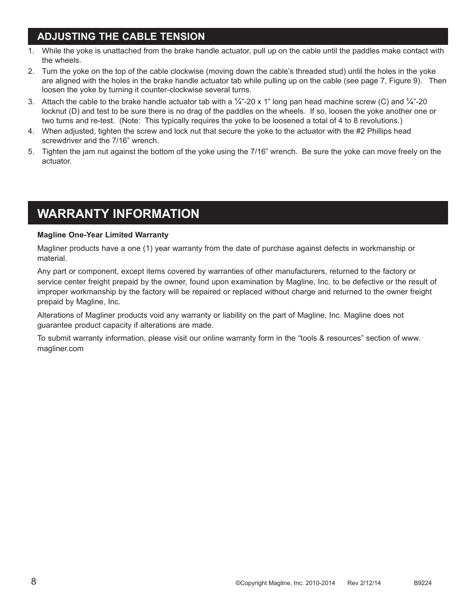 Warranty information, Adjusting the cable tension | Magliner BRAKE TRUCK Y-Cable User Manual | Page 8 / 8