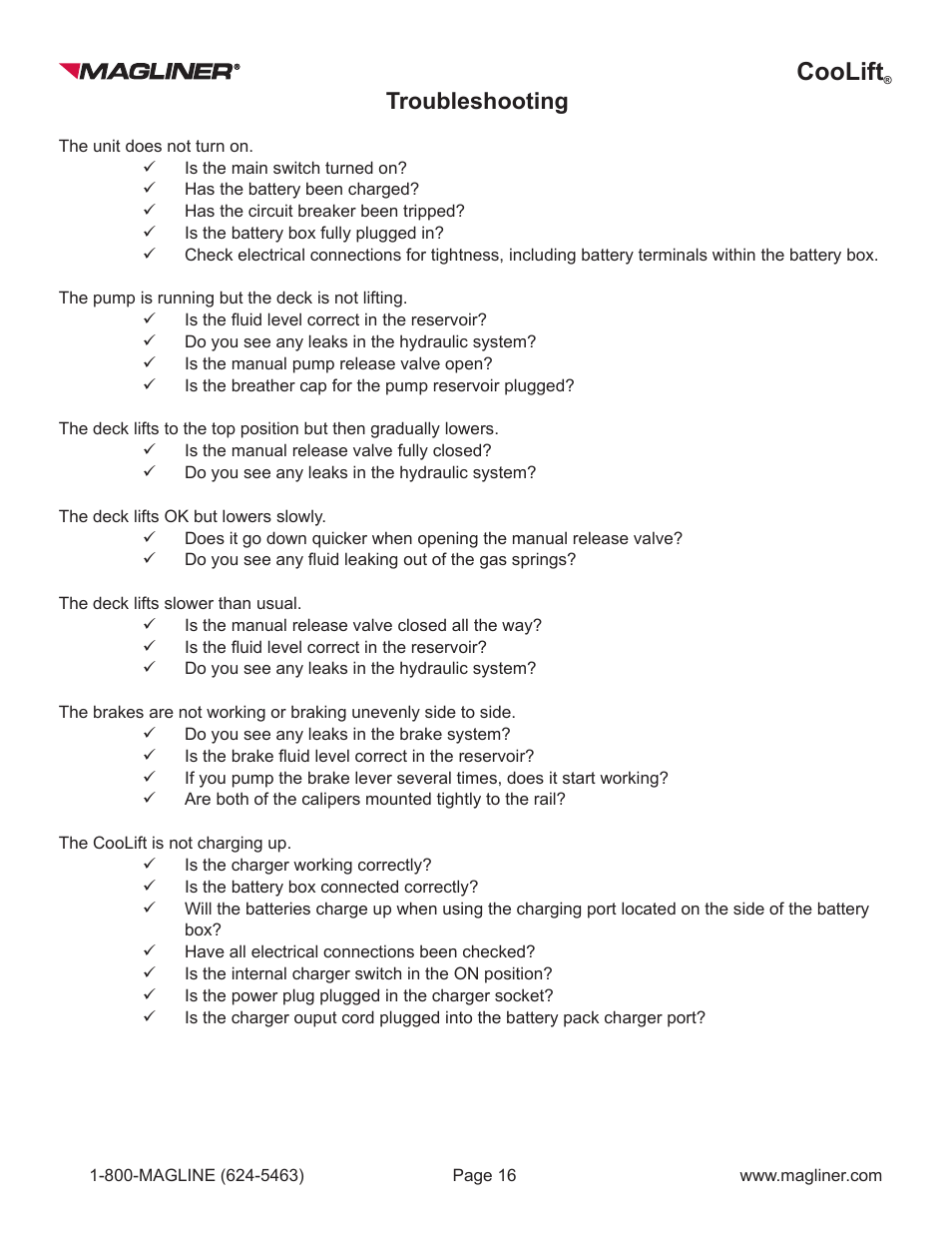 Coolift, Troubleshooting | Magliner COOLIFT User Manual | Page 16 / 28