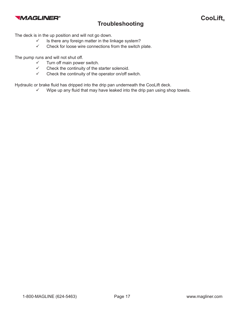 Coolift, Troubleshooting | Magliner COOLIFT User Manual | Page 17 / 28