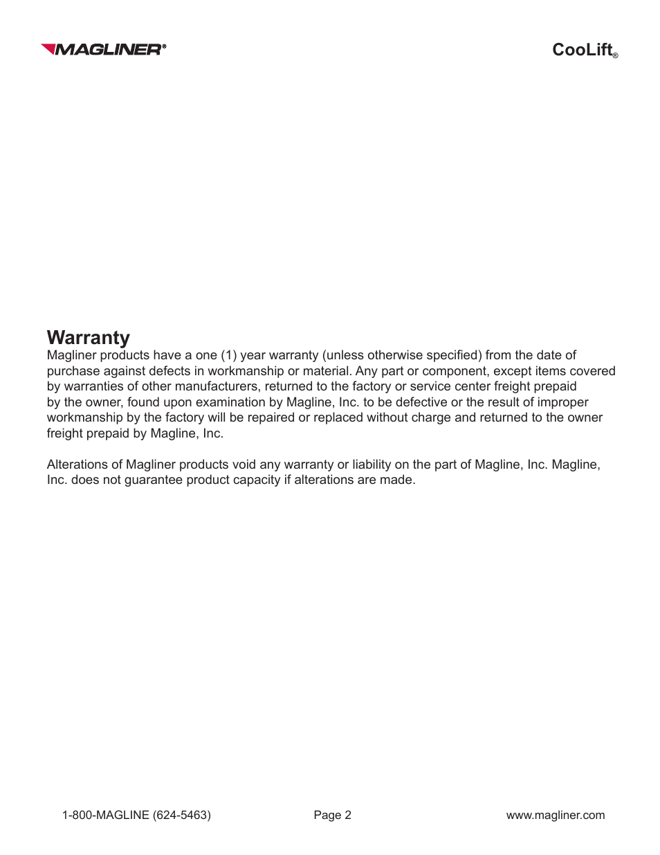 Warranty, Coolift | Magliner COOLIFT User Manual | Page 2 / 28