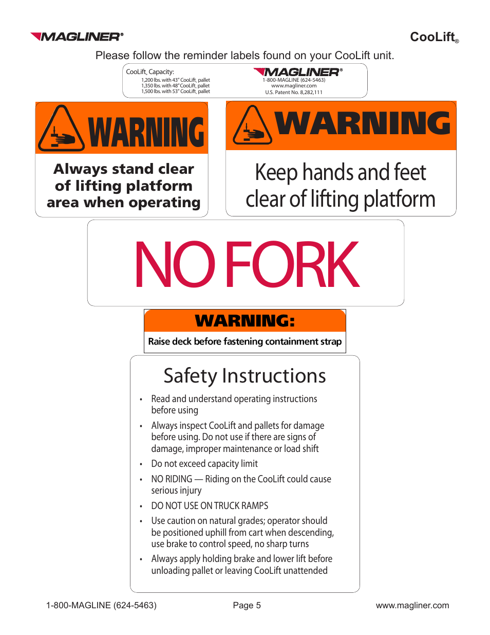 No fork, Warning, Keep hands and feet clear of lifting platform | Safety instructions | Magliner COOLIFT User Manual | Page 5 / 28