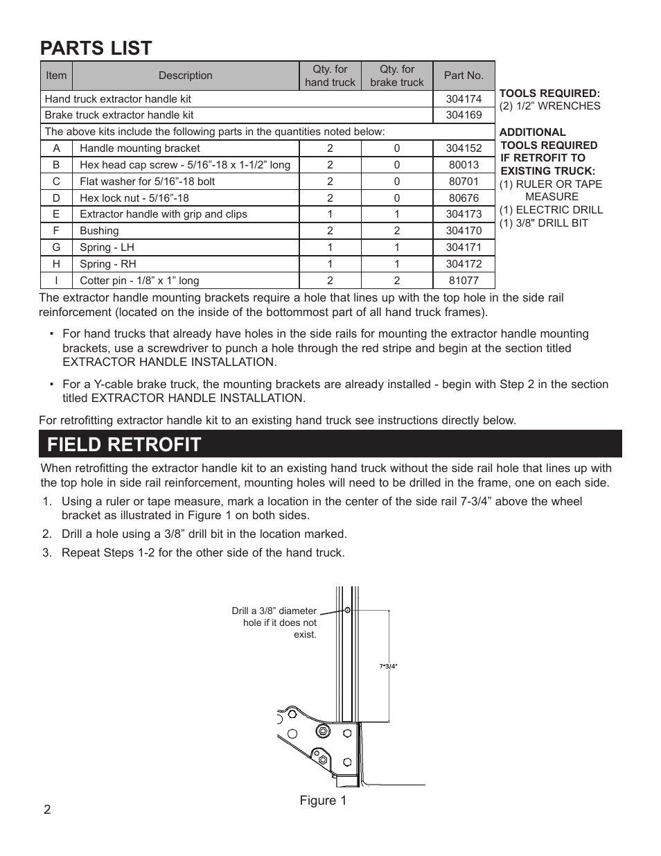 Parts list, Field retrofit | Magliner EXTRACTOR HANDLE User Manual | Page 2 / 4