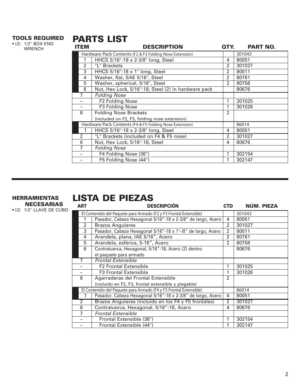 Parts list, Lista de piezas | Magliner FOLDING NOSE EXTENSION 20 AND 30 INCH User Manual | Page 2 / 6