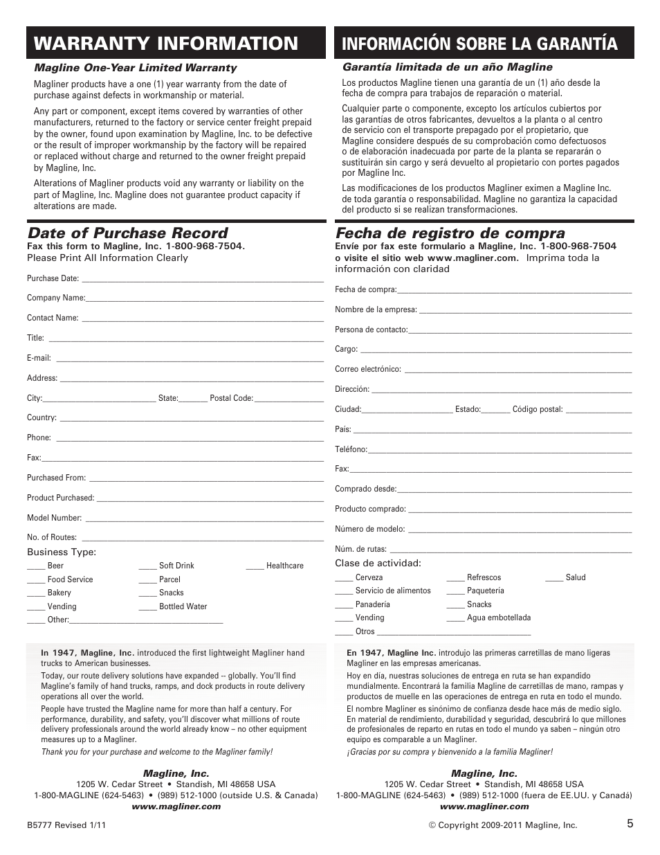 Warranty information, Información sobre la garantía, Date of purchase record | Fecha de registro de compra | Magliner FOLDING NOSE EXTENSION 20 AND 30 INCH User Manual | Page 6 / 6