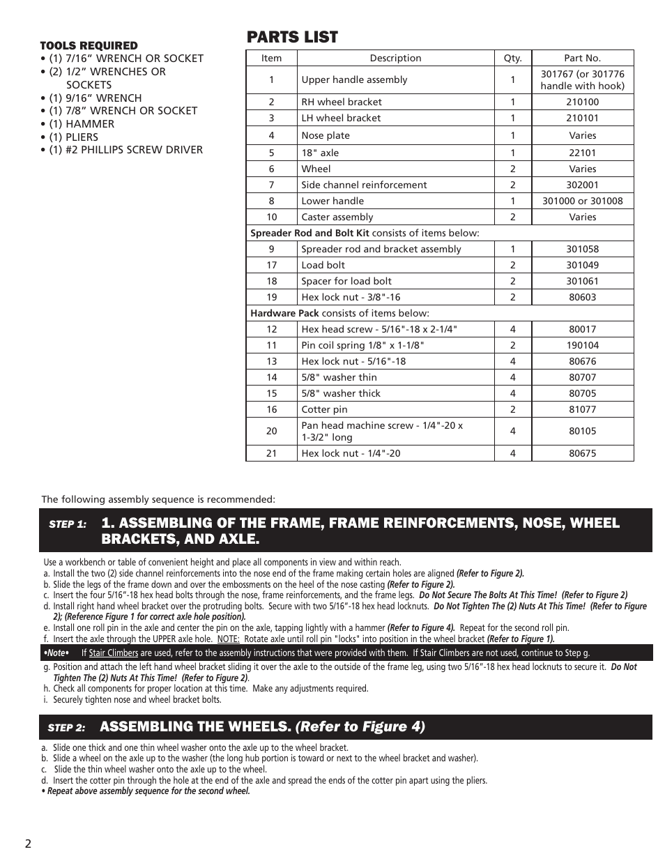 Parts list, Assembling the wheels. (refer to figure 4) | Magliner GEMINI BULK EDITION User Manual | Page 2 / 4