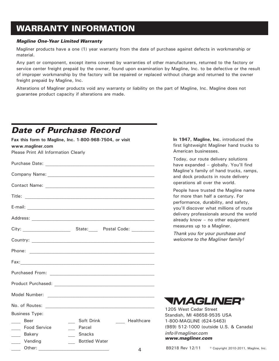 Date of purchase record, Warranty information | Magliner HAND TRUCK WINGS User Manual | Page 4 / 4