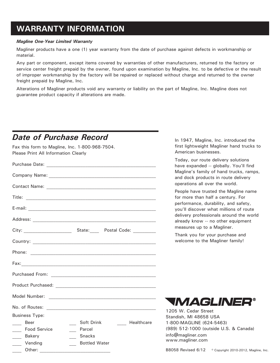 Date of purchase record, Warranty information | Magliner HI-U PAD User Manual | Page 2 / 2