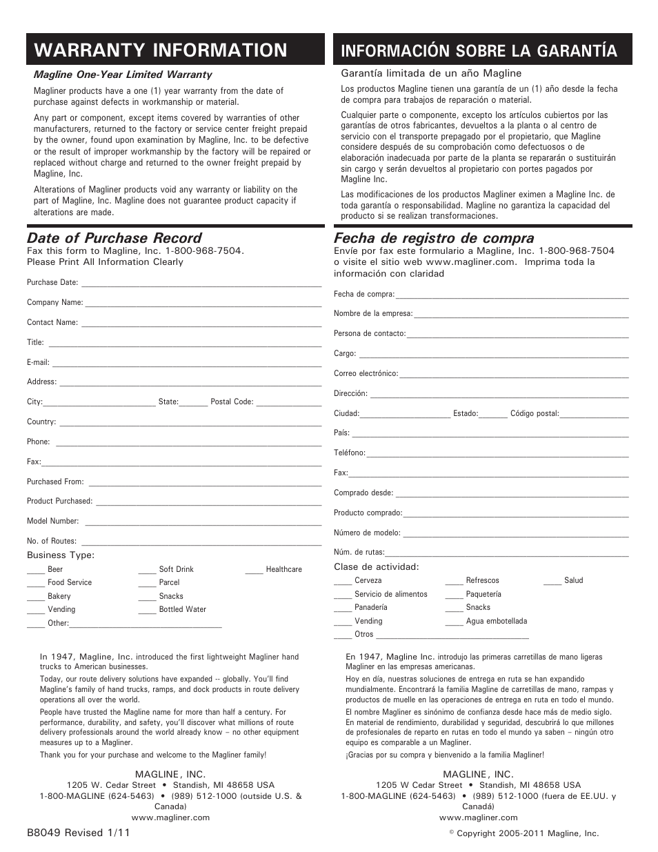 Warranty information, Información sobre la garantía, Date of purchase record | Fecha de registro de compra | Magliner KEG HOOK User Manual | Page 2 / 2