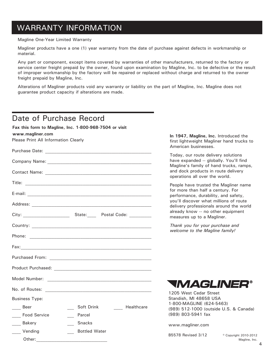 Warranty information, Date of purchase record | Magliner LIFT ASSIST FOR RAMPS User Manual | Page 4 / 4