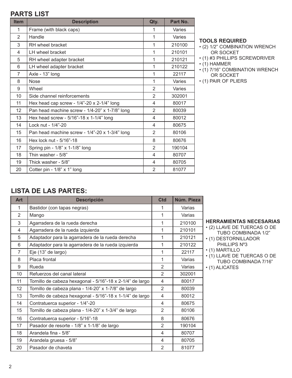 Parts list, Lista de las partes | Magliner NARROW AISLE HAND TRUCKS User Manual | Page 2 / 6