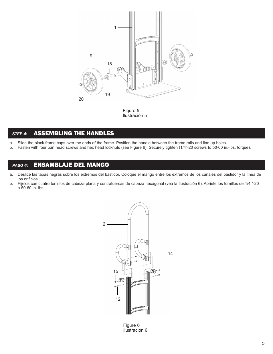 Assembling the handles, Ensamblaje del mango | Magliner NARROW AISLE HAND TRUCKS User Manual | Page 5 / 6