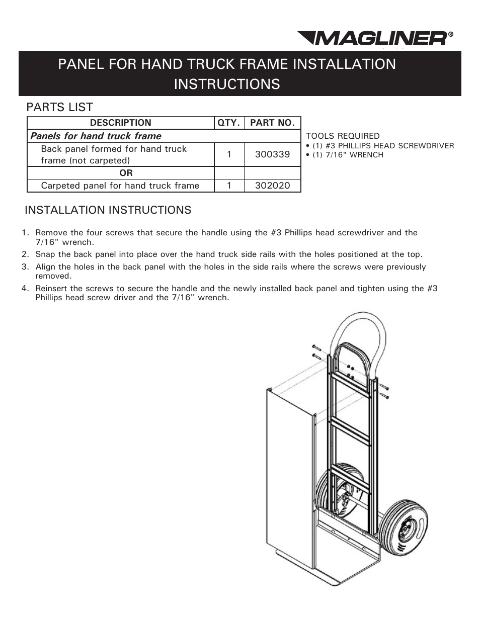 Magliner PANEL FOR HAND TRUCK FRAME User Manual | 2 pages