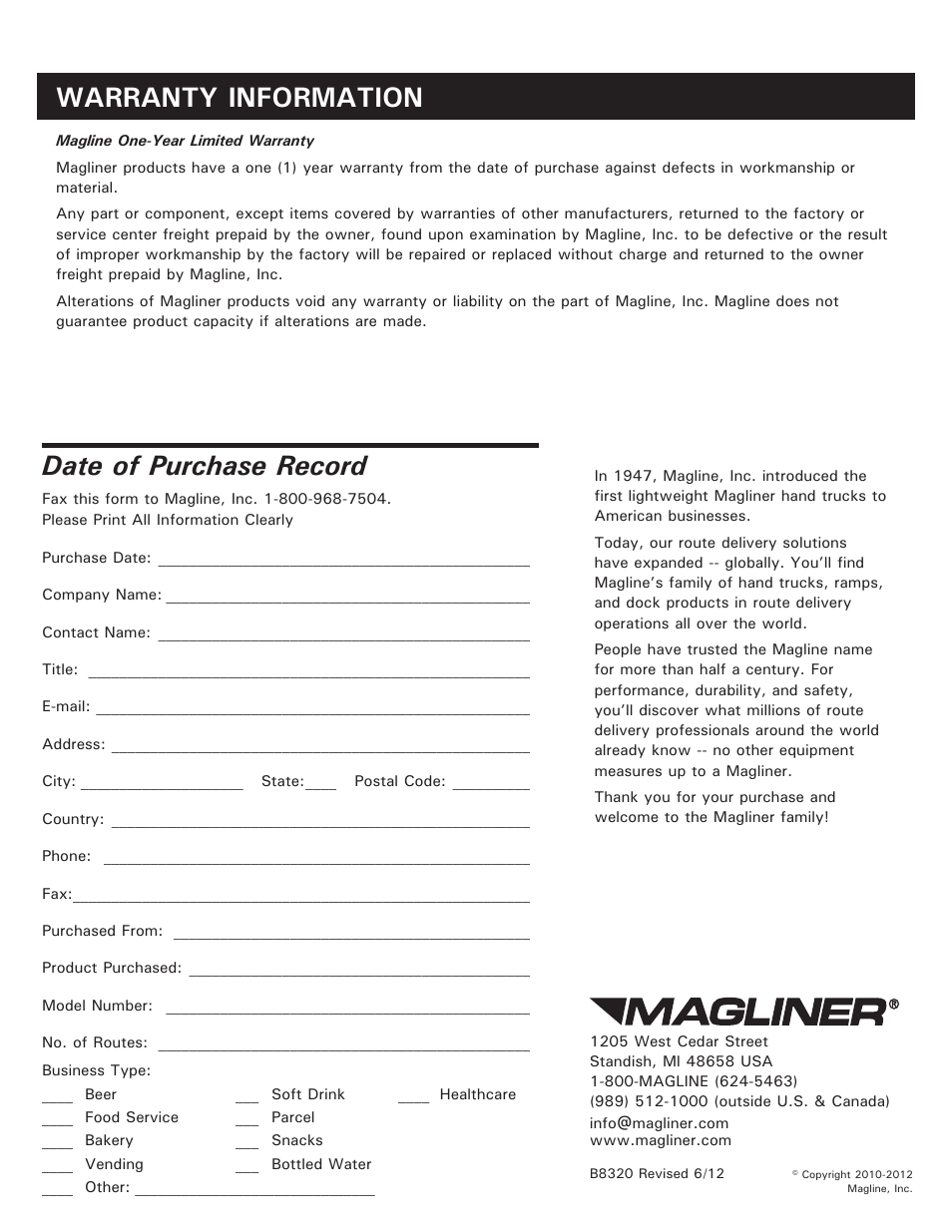 Date of purchase record, Warranty information | Magliner PANEL FOR HAND TRUCK FRAME User Manual | Page 2 / 2