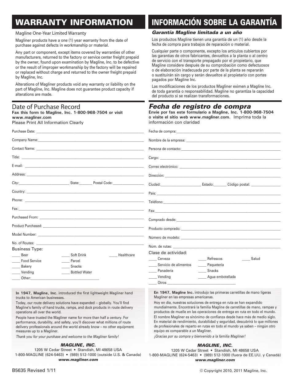 Información sobre la garantía, Warranty information, Fecha de registro de compra | Date of purchase record | Magliner PLATFORM TRUCK CASTERS User Manual | Page 2 / 2