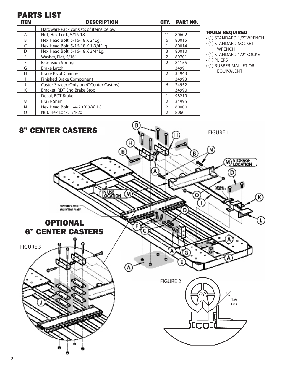 Parts list, 8” center casters optional 6” center casters | Magliner RDT BRAKE User Manual | Page 2 / 4