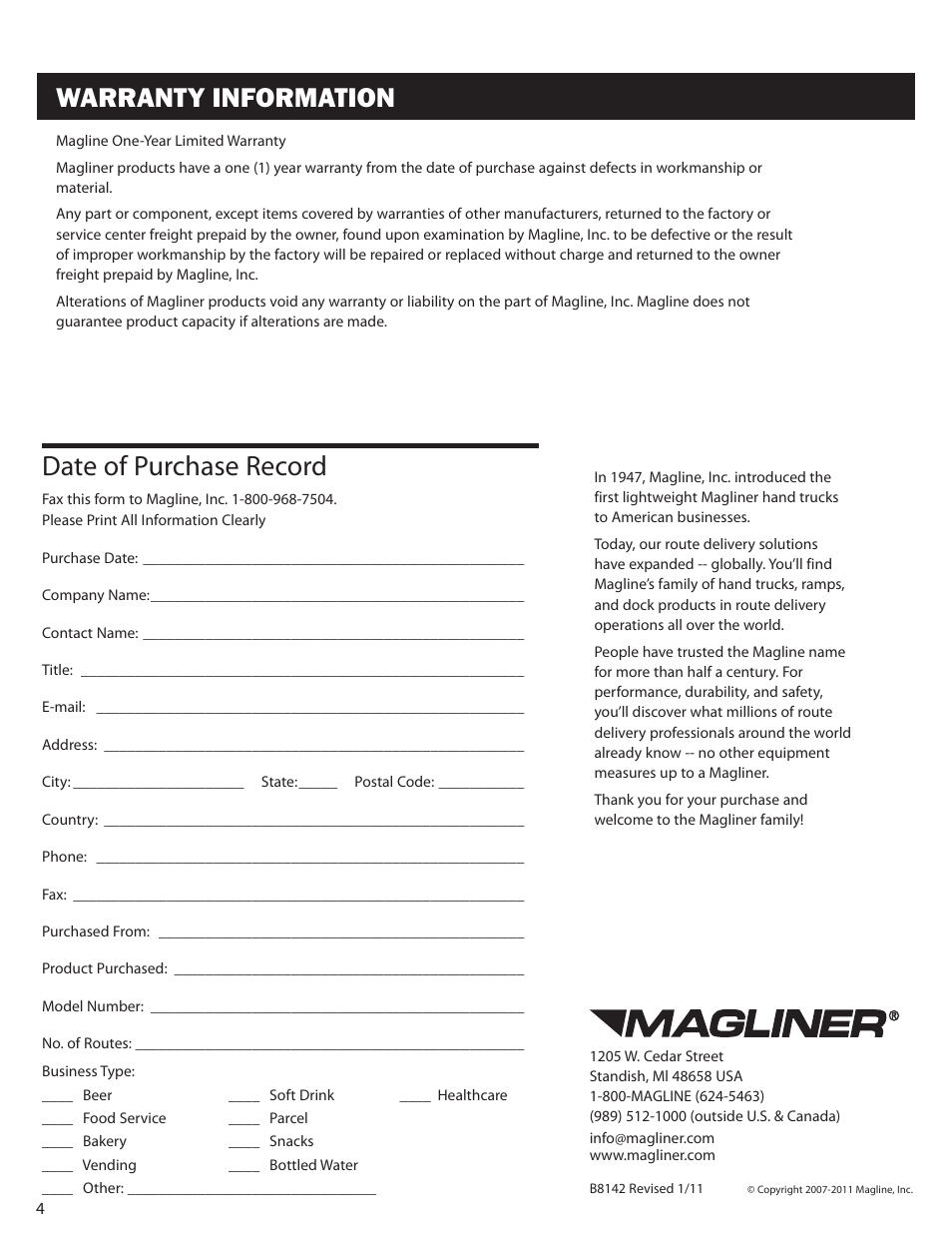 Date of purchase record, Warranty information | Magliner RDT BRAKE User Manual | Page 4 / 4