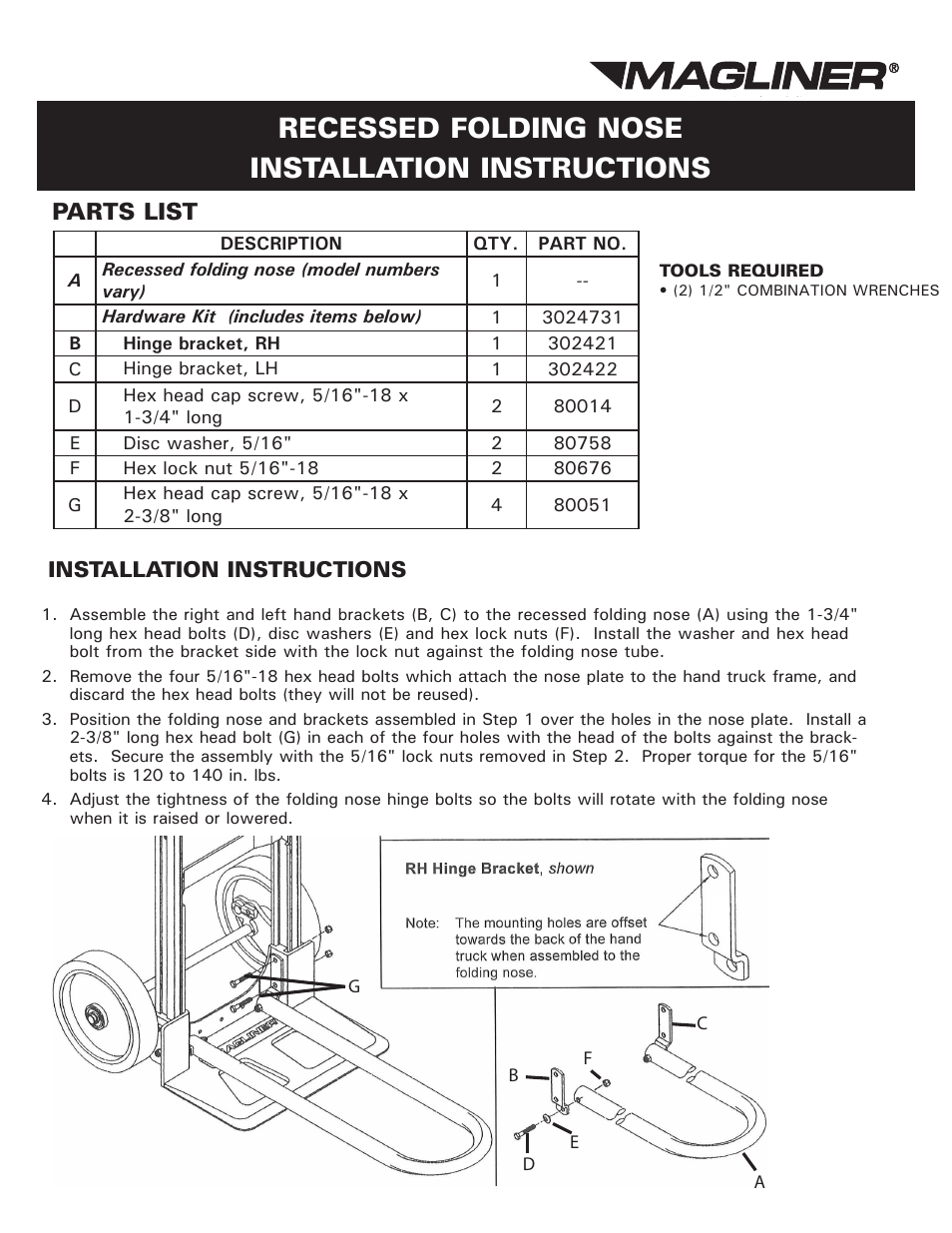 Magliner RECESSED FOLDING NOSE User Manual | 2 pages