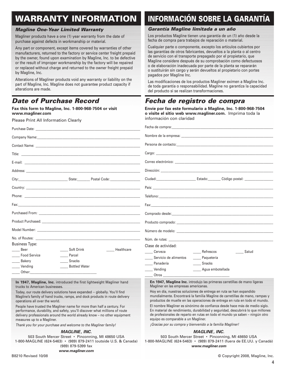 Warranty information, Información sobre la garantía, Date of purchase record | Fecha de registro de compra | Magliner SAFETY LIGHT User Manual | Page 4 / 4