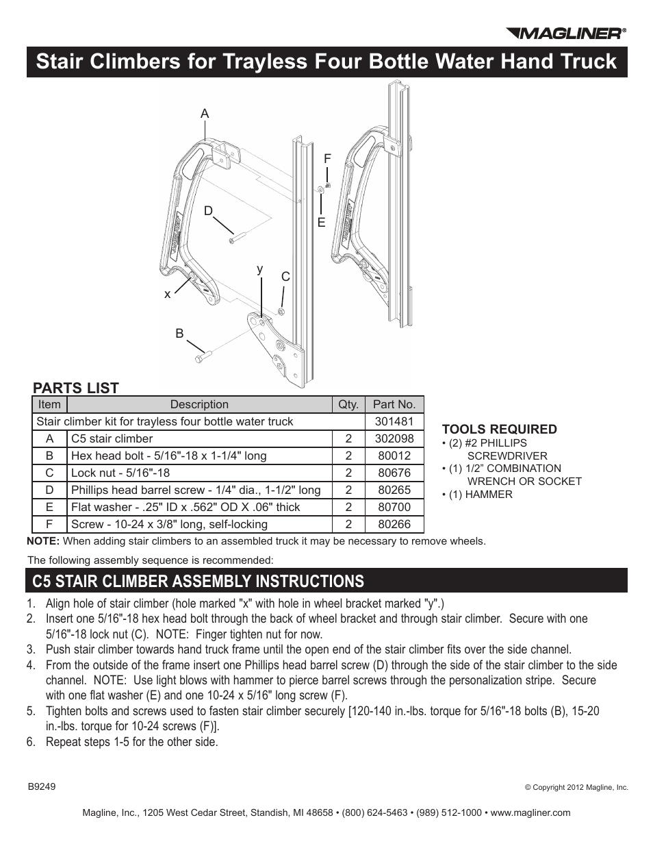 Magliner STAIR CLIMBERS FOR TRAYLESS BOTTLED WATER HAND TRUCKS User Manual | 1 page