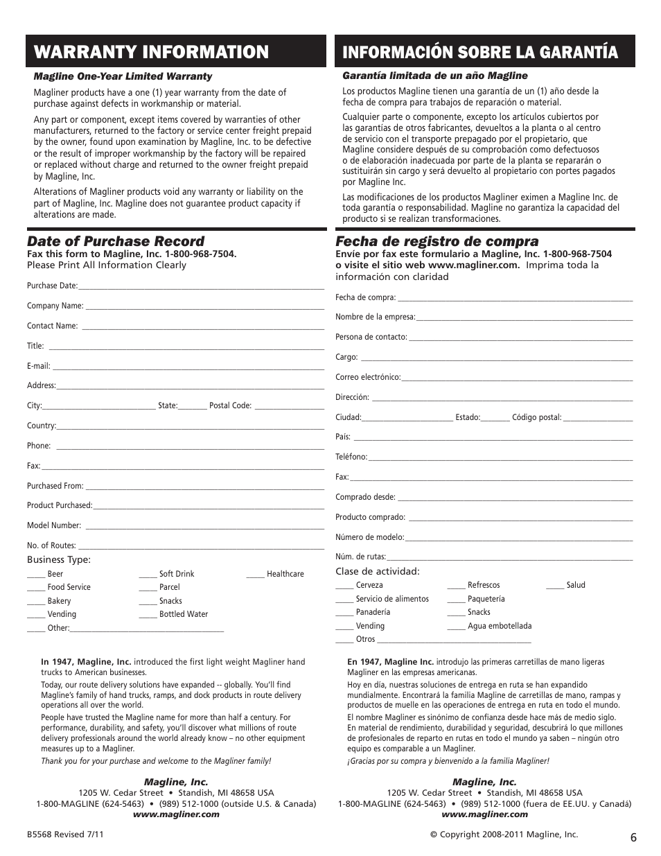 Warranty information, Información sobre la garantía, Date of purchase record | Fecha de registro de compra | Magliner STANDARD TWO WHEEL HAND TRUCK User Manual | Page 6 / 6