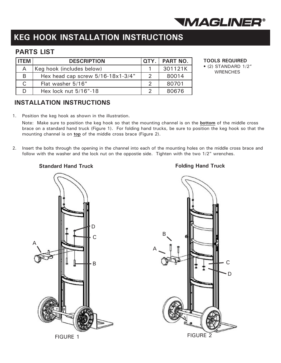 Magliner STATIONARY KEG HOOK User Manual | 2 pages