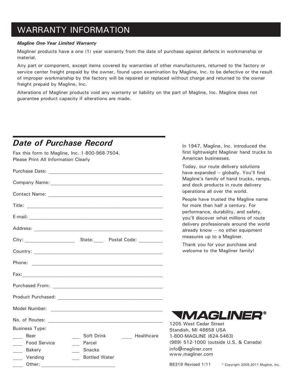 Date of purchase record, Warranty information | Magliner STATIONARY KEG HOOK User Manual | Page 2 / 2