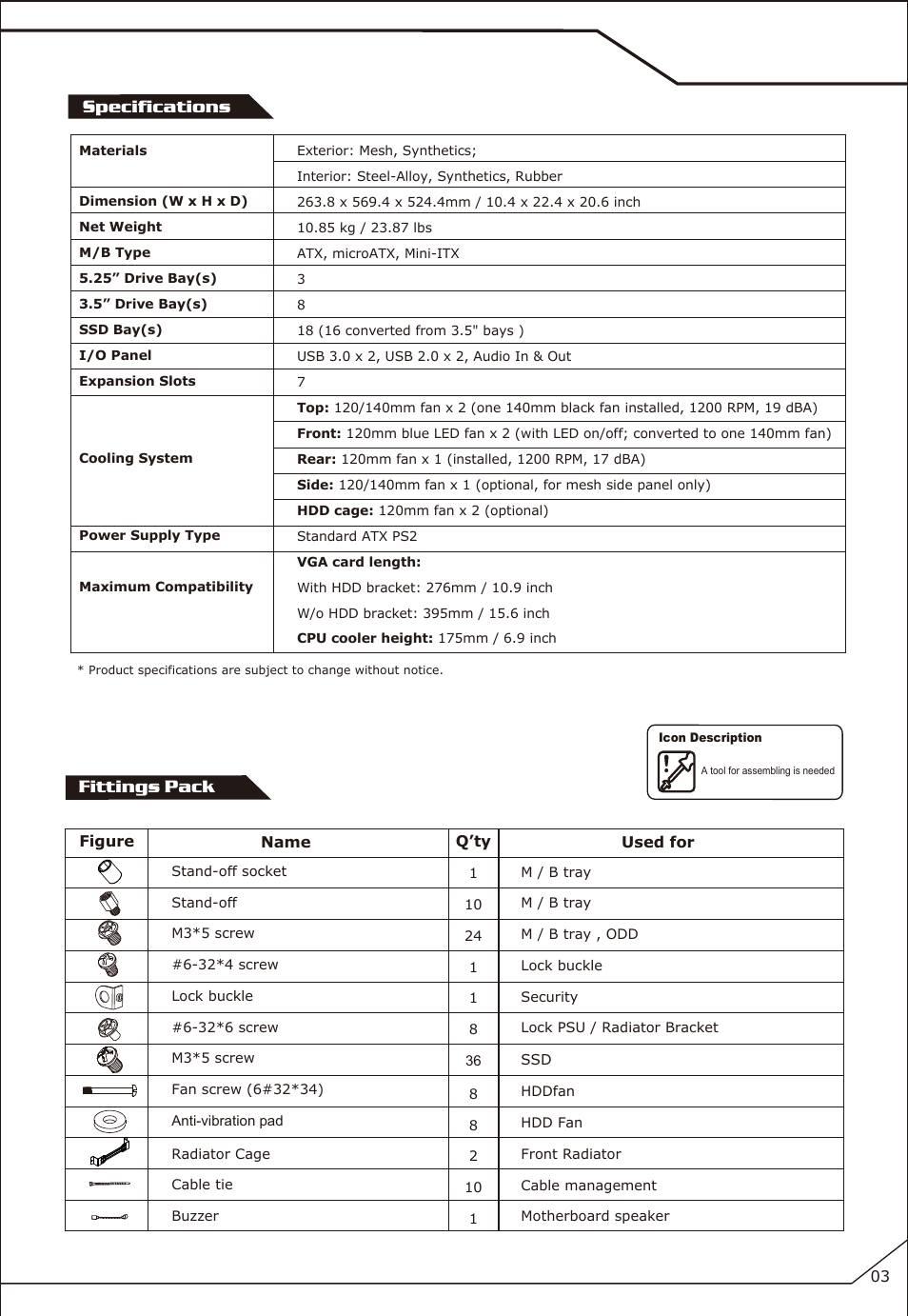 P-03, Specifications fittings pack | Cooler Master COSMOS SE User Manual | Page 4 / 23