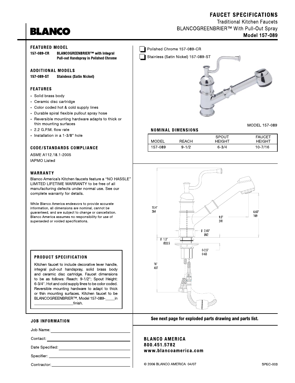 Blanco Traditional Kitchen Faucet with Pull-Out Spray 157-089 User Manual | 2 pages