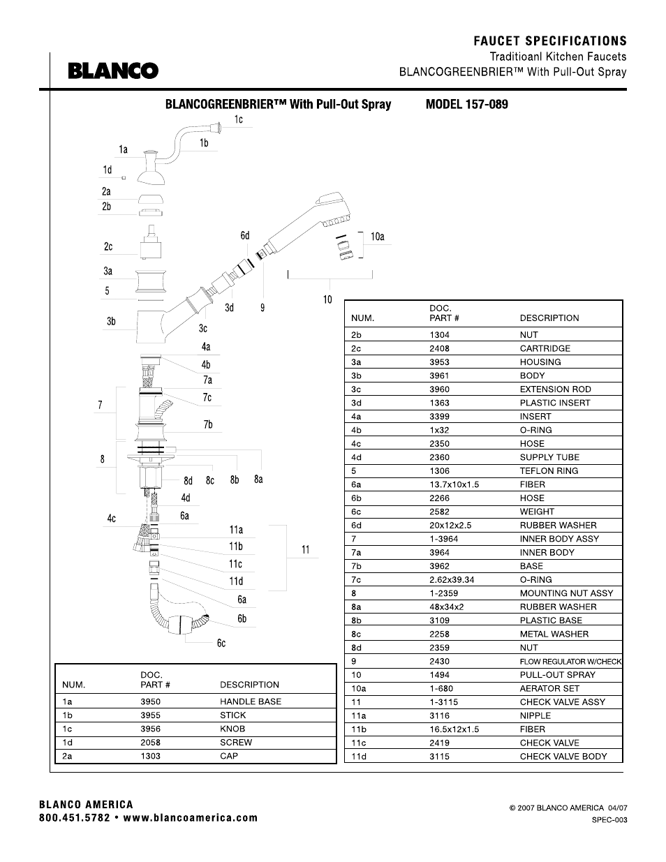 Faucet specifications, Buncogreenbrier™ with pull-out spray, Blanco | Blanco Traditional Kitchen Faucet with Pull-Out Spray 157-089 User Manual | Page 2 / 2