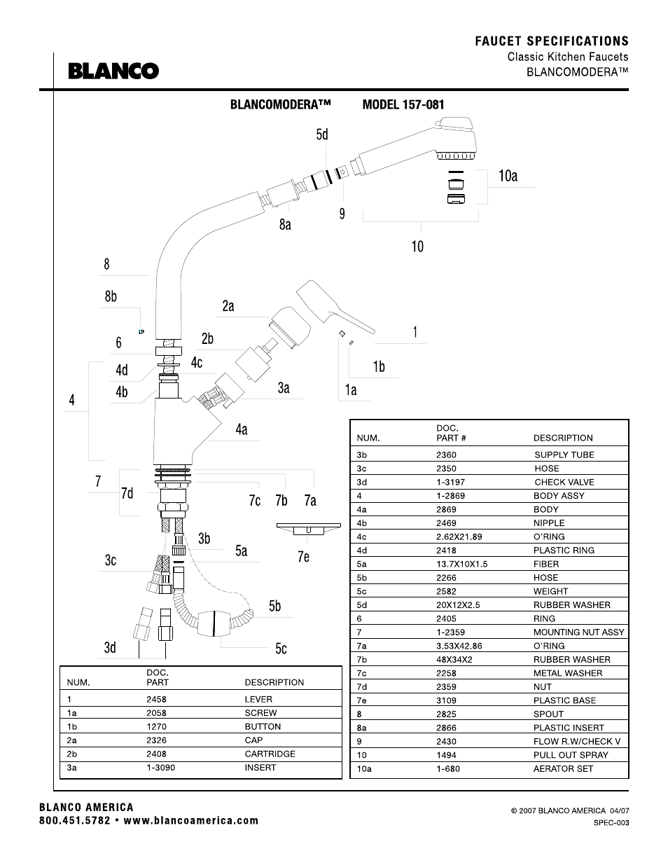 Faucet specifications, Classic kitchen faucets blancomodera, Blancomodera | Model 157-081, 5782 • www.blancoamerica.com, Blanco | Blanco 157-081 User Manual | Page 2 / 2