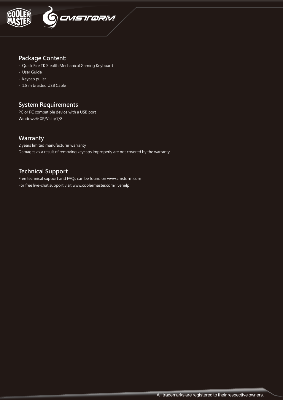 Package content, System requirements, Warranty | Technical support | Cooler Master Quick Fire TK User Manual | Page 2 / 2