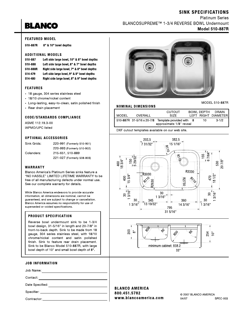 Blanco 510-887R User Manual | 1 page