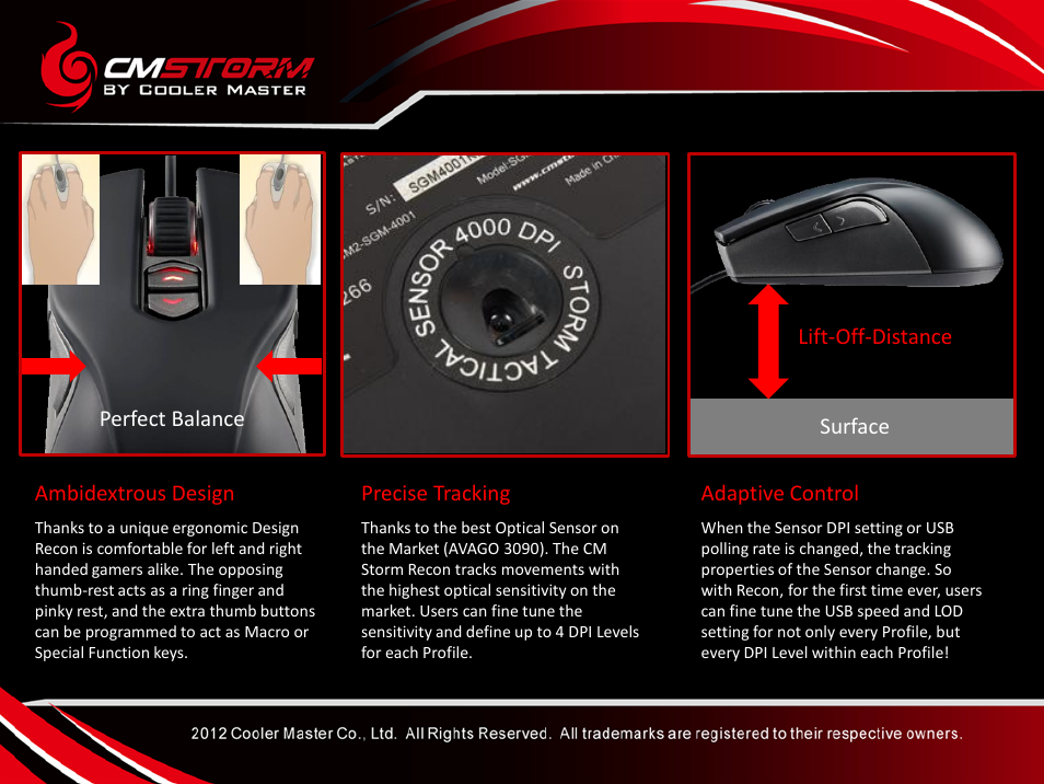 Ambidextrous design, Precise tracking, Adaptive control | 4000 dpi perfect balance lift-off-distance surface | Cooler Master Recon User Manual | Page 5 / 18