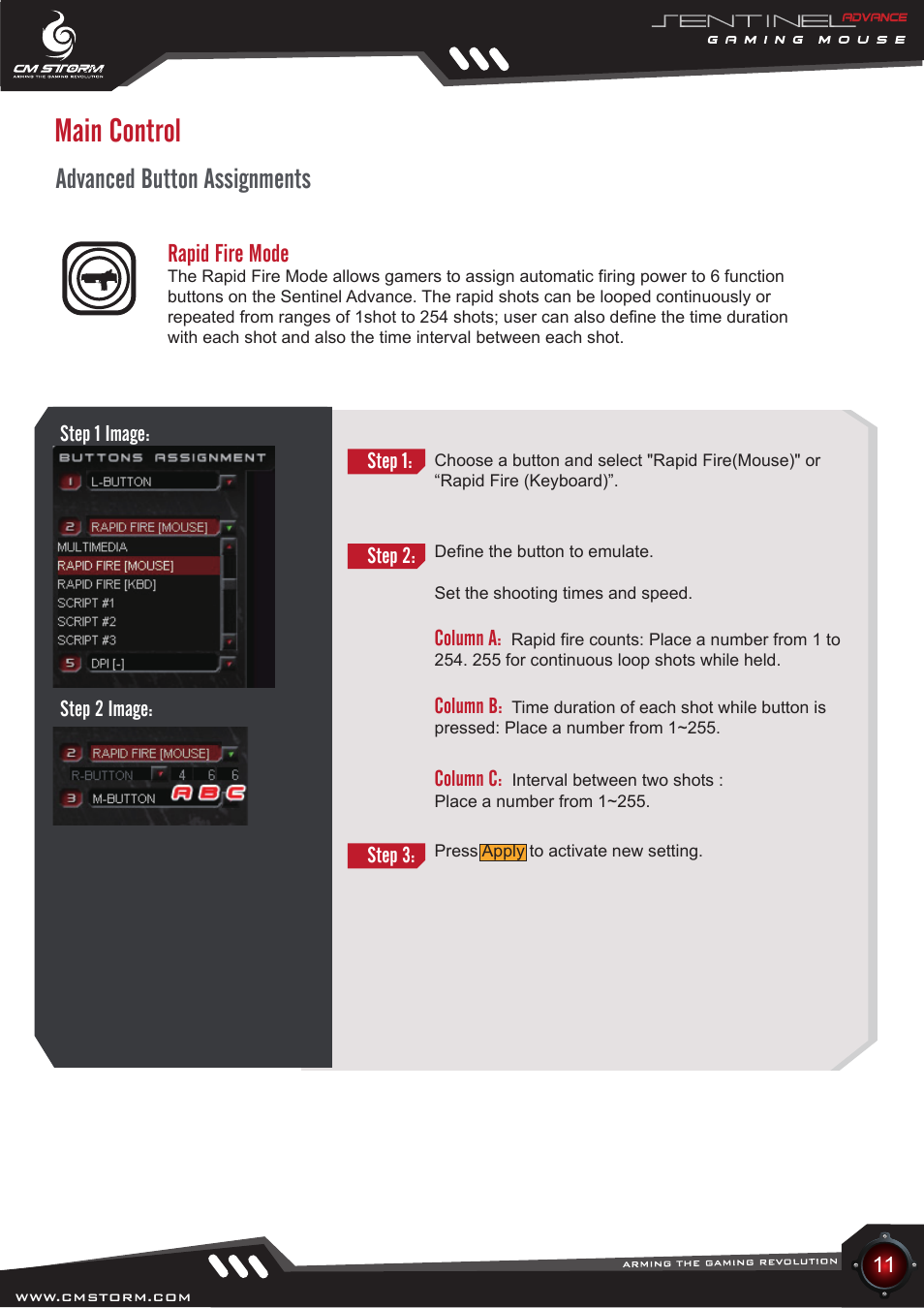 Main control, Advanced button assignments, Rapid fire mode | Cooler Master Sentinel Advance User Manual | Page 11 / 24